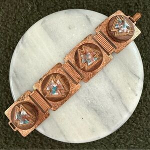 Vintage copper Panel bracelet southwest pink turquoise resin cabochon Aztec